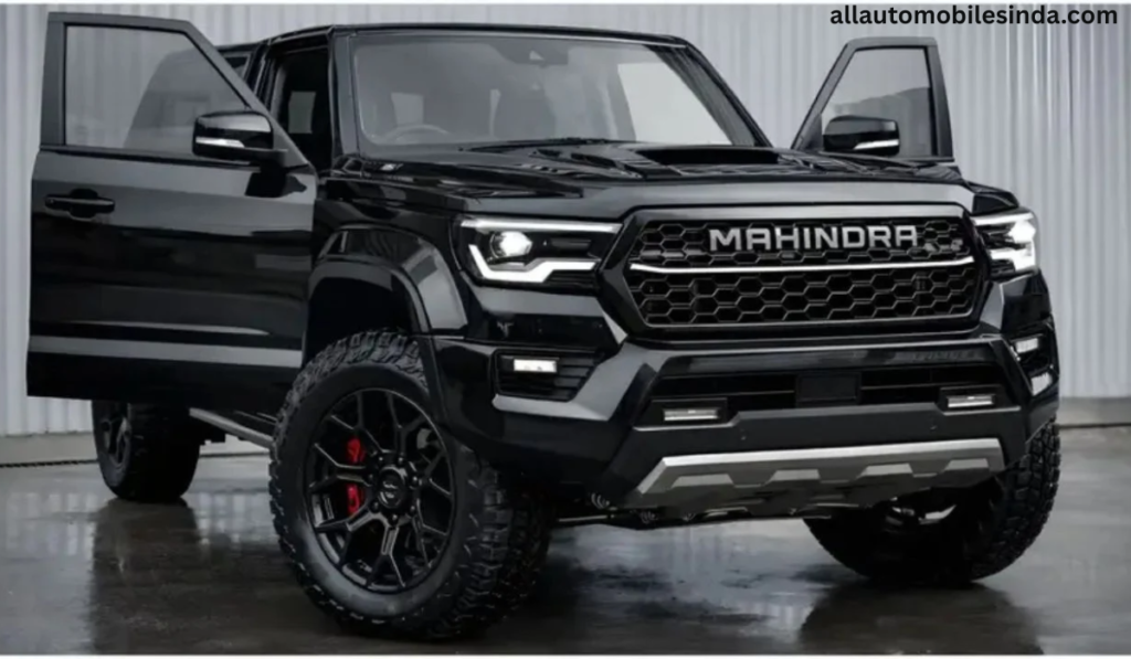 Mahindra Scorpio SUV का फ्रंट व्यू बोल्ड ग्रिल और LED हेडलाइट्स के साथ