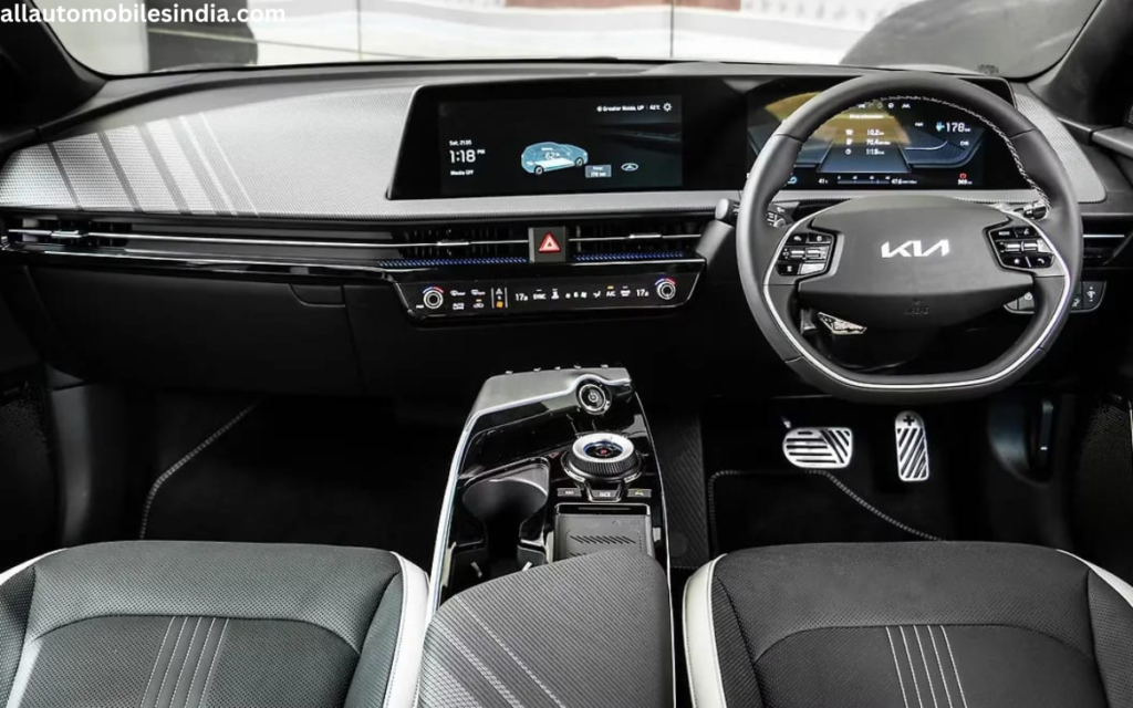 Interior of Kia EV6 with dual curved digital displays and modern dashboard layout