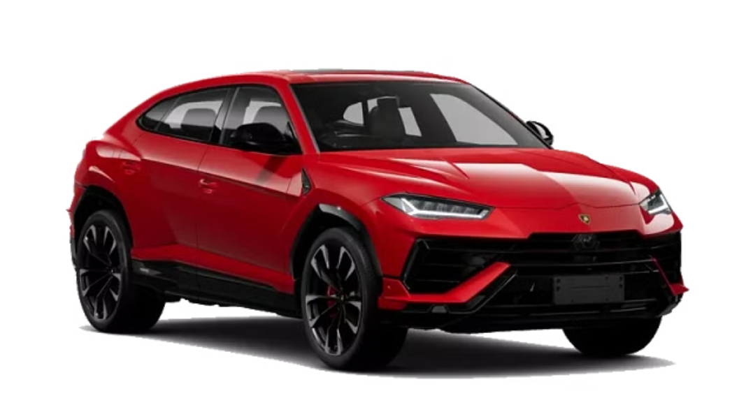 Lamborghini Urus luxury SUV in metallic black, parked on a city street with sleek sporty design and signature LED headlights